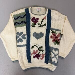 American Weekend Ramie Acrylic Floral Patchwork Cottagecore Sweater Women M